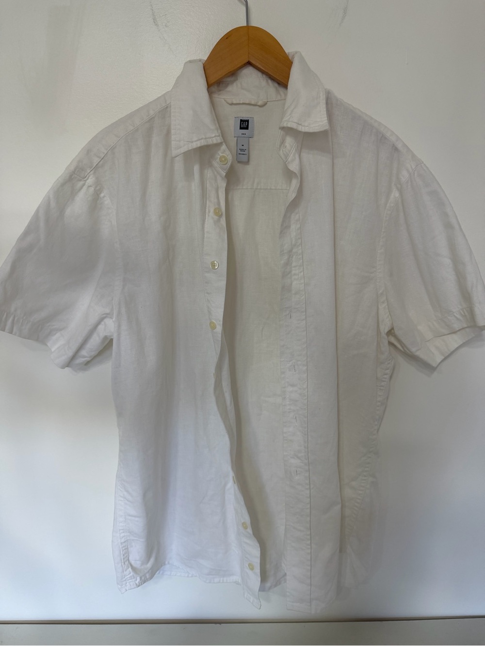 Gap Linen Cotton Mens Shirt Size M White Woven Point Collar Short Sleeve Button